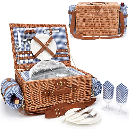 Picnic Baskets for 2, Picnic Basket with Waterproof Blanket, Picnic Basket Set with Washable Beach Mat & Large Insulated Cooler Compartment, Handmade Natural Wicker Hamper for Camping, Outdoor Party - style: BlueCheck-2P
