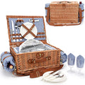Picnic Baskets for 2, Picnic Basket with Waterproof Blanket, Picnic Basket Set with Washable Beach Mat & Large Insulated Cooler Compartment, Handmade Natural Wicker Hamper for Camping, Outdoor Party - style: BlueCheck-2P