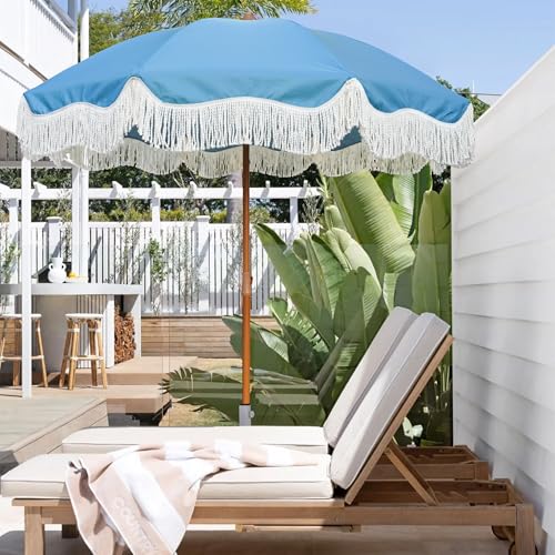 AMMSUN Boho Fringe Umbrella Outdoor Patio, 6.5ft UPF50+ Picnic Umbrella with Tassels with Steel Pole and Push Button Tilt, Blue - color: Blue