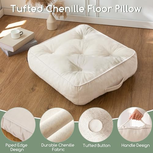 HIGOGOGO 6" Extra Thick Floor Pillow Cushion for Adults, Meditation Cushion Pillow with Handle, Lustrous Chenille Tufted, Square Floor Sitting for Tatami Living Room or Yoga, 22x22 Inch, Beige - color: Square Beige, size: 6" Thick(pack of 1)