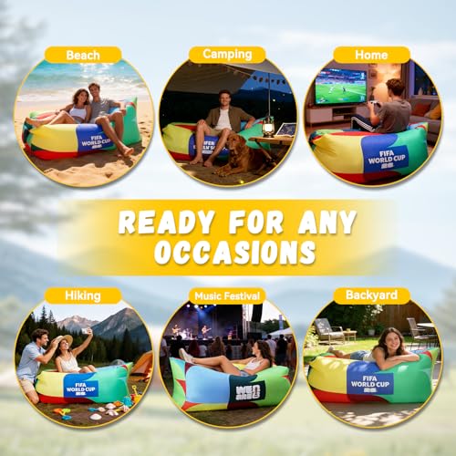 MESUCA FIFA World Cup 2026 Edition Inflatable Sun Lounger, Air Sofa, Blow Up Couch, 210T Polyester Inflatable Camping Chair is Ideal for Backyard, Beach, Travel, Picnics and Music Festivals FIFA - color: Fifa-multicolor