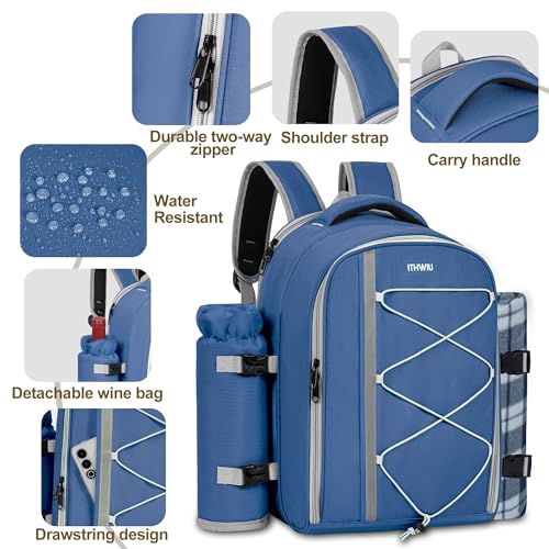 Picnic Backpack for 2 Persons with Insulated Leakproof Cooler Compartment, Cutlery Sets, Wine Holder, Fleece Blanket, Wedding Gifts for Couples, Perfect for Beach, Camping, Hiking, Blue - color: Blue, size: For 2 Persons