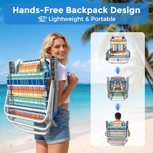 5-Position Backpack Beach Chair for Adults with Lumbar, Foldable Tall Heavy-Duty Beach Chairs with Cooler Bag,Cup Holder,Towel Rack for Beach, Camping, Outdoor (1, Rainbow) - color: Rainbow, size: 1 pack