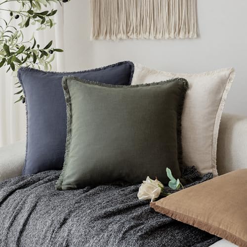 Foindtower Decorative Linen Fringe Throw Pillow Covers Cozy Boho Farmhouse Cushion Cover with Tassels Soft Accent Pillowcase for Chair Sofa Bed Living Room Home Decor, 16×16 Inch, 1PC,Dark Olive Green - color: Rifle Green, size: 16" x 16" (Pack of 1)