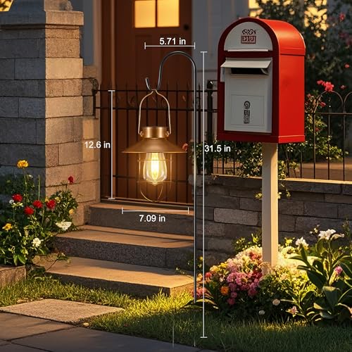 pearlstar 2 Pack Solar Lights Outdoor, Hanging Solar Lanterns with Edison Bulb and 2 x 32 Inch Shepherd Hooks, Waterproof Landscape Lighting for Garden Patio Yard Pathway Driveway Lawn (Copper) - style: Copper Lanterns