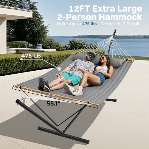 SUPERJARE Hammock with Stand, 2 Person Quilted Outdoor Hammock, Detachable Pillow & Bamboo Spreaders, Portable Hammock with Carrying Bag, Heavy Duty Stand, Perfect for Outside, Patio, Gray - color: Grey, size: 55.1"W × 74.8''D × 43.3''H