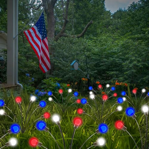 4th of July Decorations, 6 Pack Solar Firefly Lights Outdoor, 36 LED Waterproof Patriotic Decor Garden Lights with 2 Modes for 250th Anniversary National Yard Path Decorations (Red White and Blue) - color: Red White and Blue, size: 6 Pack