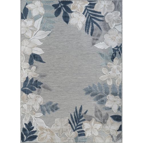 Outdoor Rug 5x7 Washable Area Rugs Indoor Outdoor Carpets Blue Border Floral Non Shedding Waterproof Easy Clean Patio Deck Porch Living Room Bedroom Garden RV (5 X 7 Blue) - color: 1-blue, size: 5' x 7' (Rectangular)