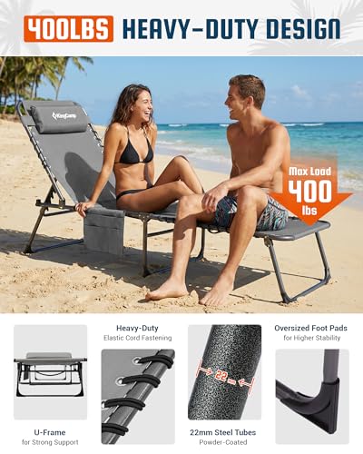 KingCamp Lounge Chair Outdoor,400LBS Tanning Chairs for Outside,Adjustable 5-Position Patio Lounge Chair Sunbathing Chase Lounge Chair Outdoor for Outside Beach Patio Sun Bathing Pool Backyard - color: A*trifold Origins——grey, style: 400lbs&Pinch-Proof Sa
