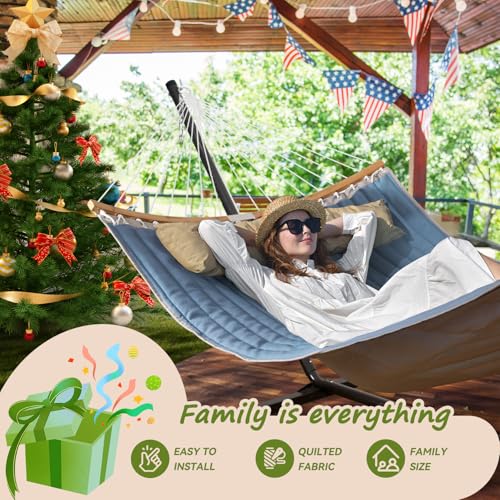 Double Hammock, 11 FT Quilted Fabric 2 Person Hammock for Outside with Pillow, Folding Curved Spreader Bar, Chains, Carrying Bag, Indoor Outdoor, 450 IB Capacity, JeansBlue - color: Jeansblue