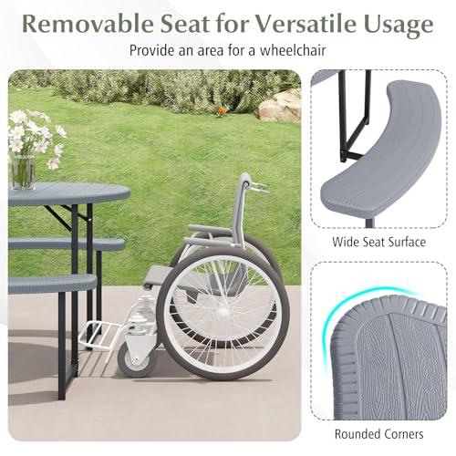 Byroce 8-Person Picnic Table for Outdoors, HDPE Picnic Table Set with 4 Benches, Umbrella Hole & Metal Frame, Heavy Duty Round Dining Table Chairs for BBQ Party in Patio, Yard & Poolside (Gray) - color: Grey