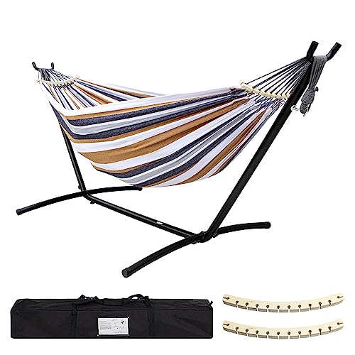 SZHLUX Double Hammock with Stand Included 450lb Capacity Steel Stand, Premium Carry Bag Included and Two Anti Roll Balance Beam, Portable Hammock with Stand for Backyard, Camping,Garden Brown Stripes - color: Coffee