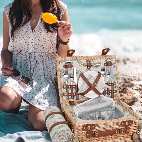 Picnic Basket with Blanket and Wine Pouch for 4, Wicker Picnic Set with Insulated Liner Cooler Bag Hamper for Camping,Wedding - Leaf - color: Leaf With Blanket for 4