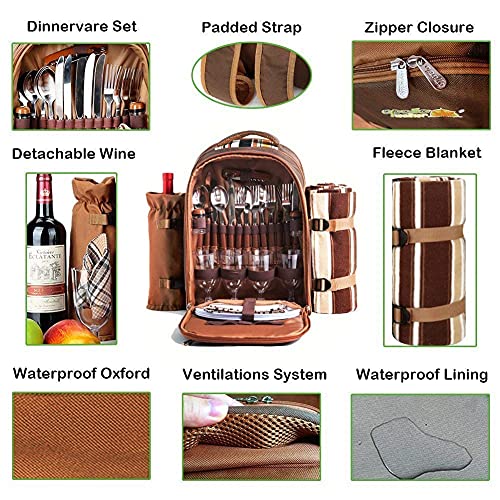 Hap Tim Picnic Backpack Bag for 4 Person with Cooler Compartment, Detachable Bottle/Wine Holder, Fleece Blanket, Plates and Cutlery Set Perfect for Outdoor, Sports, Hiking, Camping, BBQs(Coffee) - color: Coffee, size: 4 person