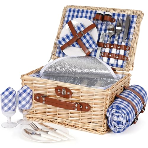 HappyPicnic Picnic Basket Set for 2 - Wicker Picnic Basket with Waterproof Blanket & Insulated Liner, Large Handmade Willow Hamper with Cutlery Kit for Outdoor, Picnic, Camping, Party, Holidays (Blue) - color: Blue
