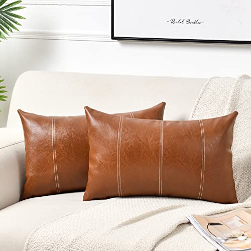 Fancy Homi 2 Packs Brown Boho Long Lumbar Faux Leather Decorative Throw Pillow Covers 14x20 Inch for Couch Bed Sofa, Hand Stitched Rectangle Cushion Case, Rustic Modern Farmhouse Home Decor - color: Brown, size: 20" x 14" (Pack of 2)