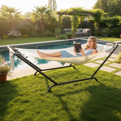ONCLOUD Freestanding Hammock with Stand, 600LBS Heavy Duty Outdoor Hammock, Cofy Outdoor Hammock with Stand, Hammock Bed for Yard, Deck, Patio, Hammock with Soft Pillow & Storage Bag (White) - color: White