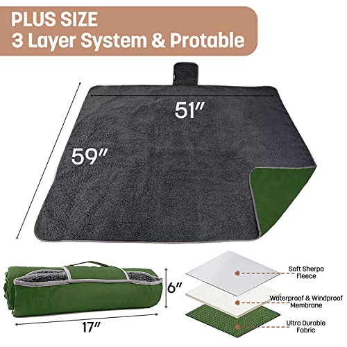 Tirrinia Waterproof Outdoor Blanket with Sherpa Lining, Windproof Triple Layers Warm Comfy Foldable for Camping Stadium, Beach, Picnic, Grass, Concerts, Car, Dog, 51''X 59'' & 59''X 80'' - color: Dark Green/Grey, size: 59” x 80”