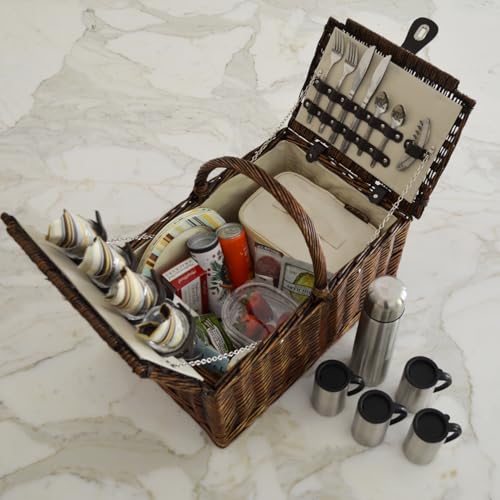Picnic at Ascot Buckingham Willow Picnic Basket with Service for 4 and Coffee Service - Blue Stripe - color: Brown Wicker- Santa Cruz Plates/Napkins