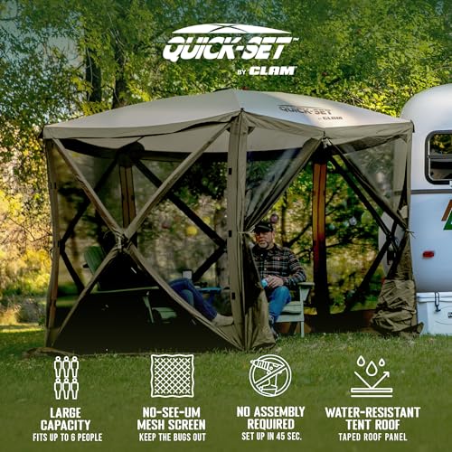 Clam Venture 9' x 9' Pop-Up Screen Tent – Green/Tan Portable 5-Sided Outdoor Gazebo Canopy with Mesh Netting, Carry Bag, Stakes & Tie-Downs – Instant Setup Shelter for Camping, Picnics & Events - color: Green/Tan