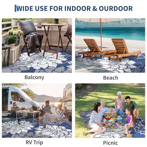 GarveeHome Outdoor Rugs 8x10 Waterproof Reversible Outdoor Plastic Straw Rug Modern Floral Patio Rug Indoor Outdoor Carpet RV Mat Outside for Patio Camp Balcony Deck Picnic, Navy - color: Floral|navy&white, size: 8' x 10' (Rectangular)