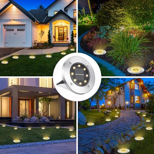 LYHOPE Solar Ground Lights Outdoor, 8 Pack 8 LED Solar Disk Lights Waterproof Garden In-ground Pathway Light Landscape Lighting for Lawn,Yard,Deck,Patio,Walkway (Warm White) - color: Warm White, size: 8 Pack