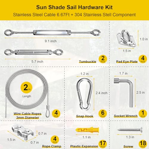 HYASIA Shade Sail Hardware Kit with Wire Ropes, 304 Stainless Steel Heavy-Duty Rustproof Turnbuckles, Hardware for Triangle Rectangle Square Sun Shade Sails, Ideal for Patios Gardens Lawns Outdoor - color: Silver, size: M6-56pcs