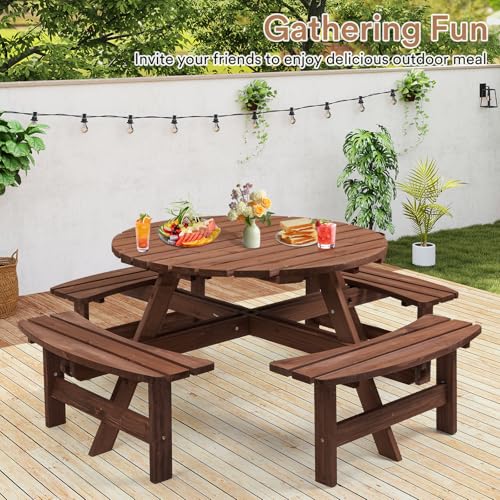 Zevemomo Wood Picnic Table for 8 People, Round Top with Umbrella Hole, 4 Built-in Curved Benches, 2220LBS Capacity for Patios & Backyards, Brown - color: Brown, style: 8-Person