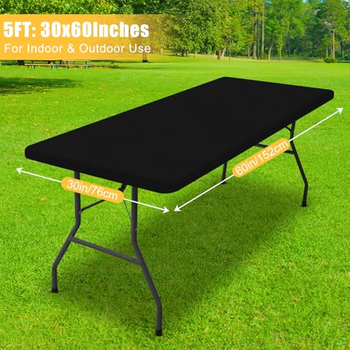 Rectangle Table Cloth, Waterproof Elastic Fitted Tablecloth for 5 Foot Folding Tables, Washable Polyester Tablecloths for Picnic, Camping, Outdoor (Black, 30"x60") - color: Black, size: 60" x 30" (Rectangular)