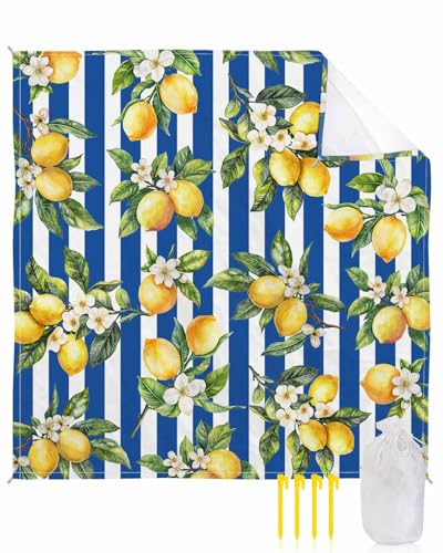 Lemon Beach Blanket Waterproof Sandproof 118"x108", Summer Blue Stripes Oversized Beach Mat with 4 Corner Sand Pocket & 4 Stakes, Compact Outdoor Picnic Mat for Camping Travel Festivals - color: Blue, size: 118"x108"