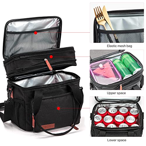 MOV COMPRA Lunch Bags for Men Women, Black Adult Lunch Box for Work, Expandable Leakproof Double Deck Lunch Box Cooler Tote Bag with Removable Shoulder Strap（Black） - color: Black