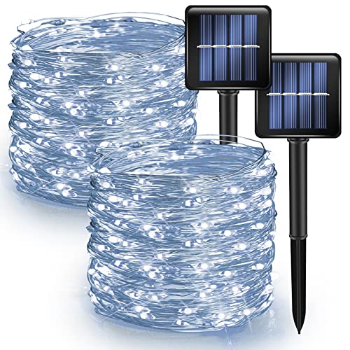 Dazzle Bright 2 Pack Solar String Lights Outdoor, Total 80FT 240LED Solar Powered Waterproof Fairy Lights 8 Modes, Copper Wire Lights for Christmas Patio Party Tree Yard Decoration (White) - color: White, size: 2 Pack