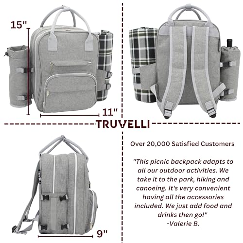 Truvelli Picnic Backpack for 2 with Blanket – 12-in-1 Insulated Picnic Basket Backpack Set with‬ Wine Holder, Cutlery & Cheese Board – Luxury Picnic Back Pack for Couples, Outdoor‬ Adventures, Gray - color: Gray