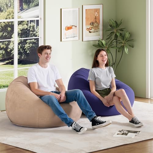 WLIVE 2 Pcs Bean Bag Chair for Kids Adults, Inflatable Chair, No Filler, Comfy, Suit for Dorm Gaming Room Indoor Outdoor, Beige and Purple - color: Beige Purple, size: 2 Pcs With No Filler