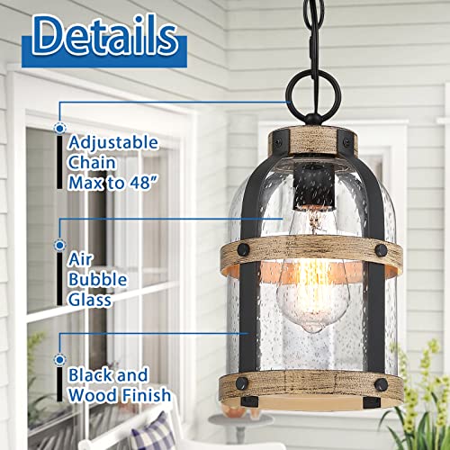 Outdoor Pendant Light for Porch,Modern Exterior Hanging Lantern with Adjustable Chain, in Black and Wood Grain Finish with Seeded Glass for Front Door,Entryway,Farmhouse (Wood Grain) - color: Wood Grain