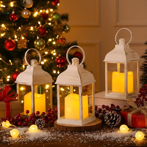12 Set 10 Inch White Decorative Candle Lanterns Bulk Lanterns Centerpiece with LED Flameless Candle Indoor Outdoor Battery Powered Hanging Lights for Wedding Mother Day Party Decoration - color: White