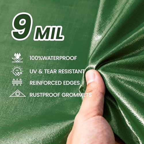 Multi Purpose Tarp 12' x 16' 9-mil Thick Waterproof Camping Tents Tarps Poly Tarpaulin Green - color: 9mil Army Green, size: 12x16 FT