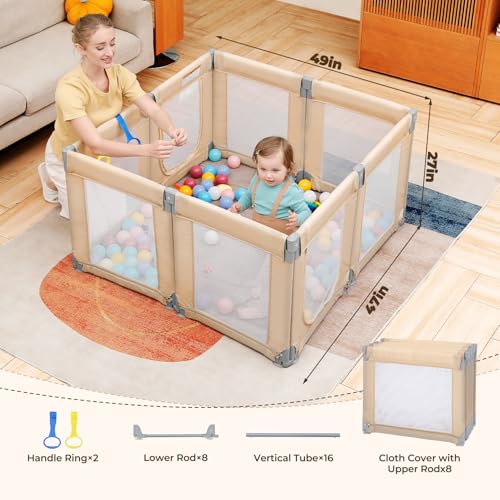 Dripex Small Foldable Baby Playpen, 49"x47" Small Space Play Yard for Travel - Portable Collapsible Play Pen for Babies, Indoor Outdoor Baby Fence, Beige - color: Beige, size: 49"×47" Foldable