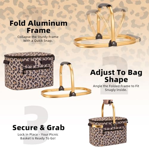 ALLCAMP Picnic Basket - Insulated Cooler, Thickening Foldable Picnic Basket with Removable Baskets & Sewn-in Frame, Basket for House Warming Gifts New Home(Leopard Print) - color: Leopard Print, size: Medium