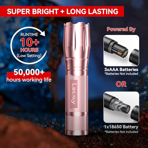 LETMY Tactical Flashlight S2000-2 Pack Bright Military Grade LED Flashlights High Lumens - Portable Handheld Flash Light, 5 Modes Zoomable Waterproof Flashlights for Home Emergency Camping- Pink - color: Pink, size: 2 Pack