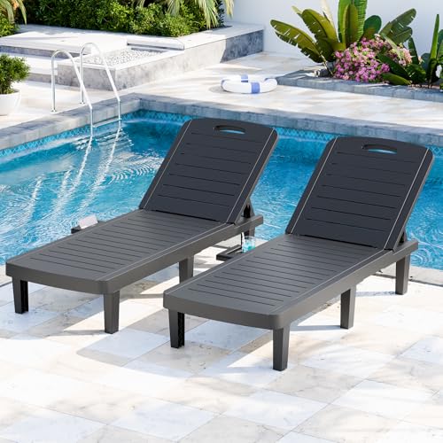 Outdoor Chaise Lounge Set of 2, 5-Position Adjustable Sun Lounge w/Pull-Out Tray, Waterproof PP Lounge Chairs for Outside, Lounge Chairs for Poolside, Patio, Beach, Yard in All Weather,Black - style: Set of 2
