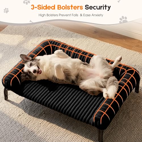 Elevated Dog Bed with Removable Fluffy Pillow Cushion, Raised Pet Cot Washable Bolster, Dog Couch Sofa, Anti Slip Feet, Breathable Mesh, Matte Black, 43"×32" - color: matte black, size: L(43"×32"×8")