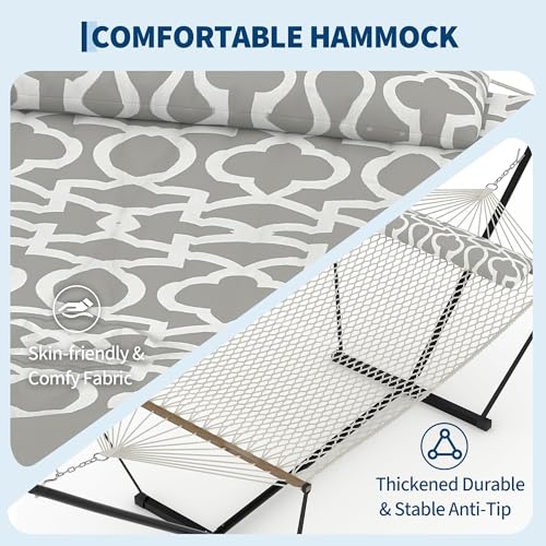 Double Hammock with Stand, Outdoor Quilted Padded Hammock with Heavy Duty Iron Frame, Portable Patio Swing Bed for Backyard Garden, 450 Lbs Capacity,Textured Dark Gray - color: Grey
