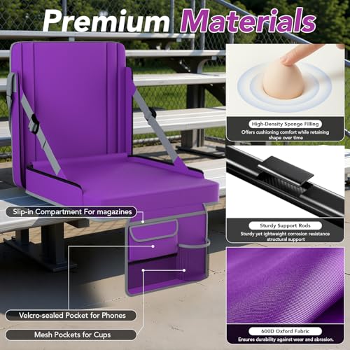 Stadium Seats with Back Support 1PACK Adjustable Bleacher Chairs with Back and Cushion Bleacher Seat with Cup Holder, Carry Handle & Shoulder Strap for Outdoor Sports Events, Picnics - color: Purple-1pc-xl-large