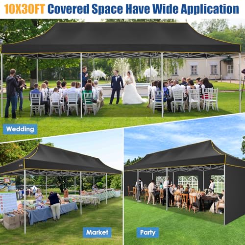 HOTEEL 10x30 Pop up Canopy Tent for Parties, Heavy Duty Easy Setup Tent with 5 Sidewalls, Outdoor Commercial Instant Gazebo for Wedding Event, with Roller Bag & Sand Bags, Black(Hexagonal Frame) - color: Black, size: 10x30FT (+5 Walls)