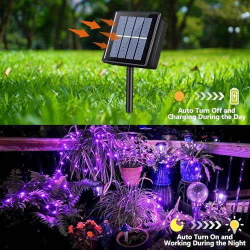 YEGUO 4 Pack Purple Solar Fairy Lights, Each 33ft 100 LED Christmas Lights Outdoor Waterproof, 8 Modes Sliver Wire Solar String Lights - color: Purple