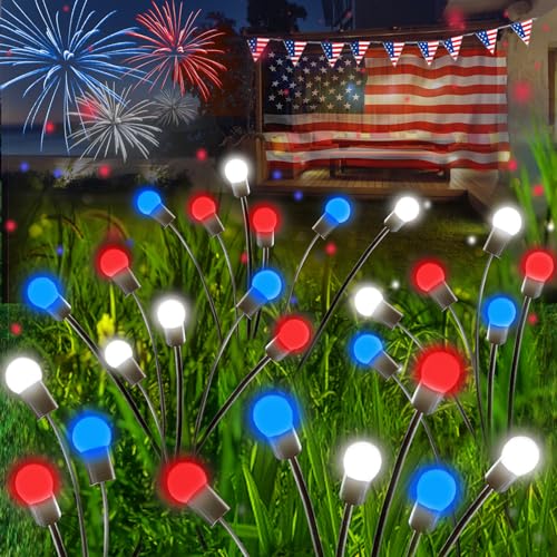 4th of July Decorations, 6 Pack Solar Firefly Lights Outdoor, 36 LED Waterproof Patriotic Decor Garden Lights with 2 Modes for 250th Anniversary National Yard Path Decorations (Red White and Blue) - color: Red White and Blue, size: 6 Pack
