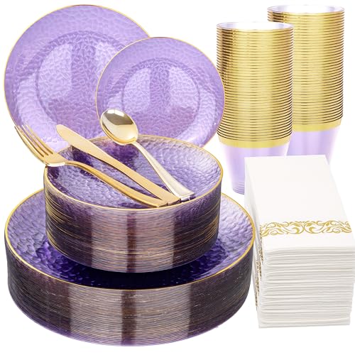 DaYammi 175PCS Clear Purple and Gold Plastic Dinnerware Set for Party, Hammered Disposable Plates for Party, Include: 25 Dinner Plates, 25 Dessert Plates, 75 Gold Silverware, 25 Napkins, 25 Cups - color: Clear Purple, size: 175 Pcs