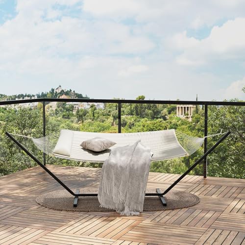 Double Hammock with Stand,450lbs Capacity, 2 Person Cotton Rope Portable Hammock with Polyester Quilted Pad and Pillow,for Garden Yard,Camping and Patio.Off White. - color: Off White
