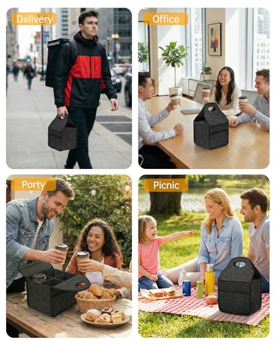 4 Cup Drink Carrier with Handle, Portable Felt Reusable Cup Holder for Hot & Cold Drinks, Coffee Carrier for Delivery, Takeout, Picnics, Parties - size: 4 Cup
